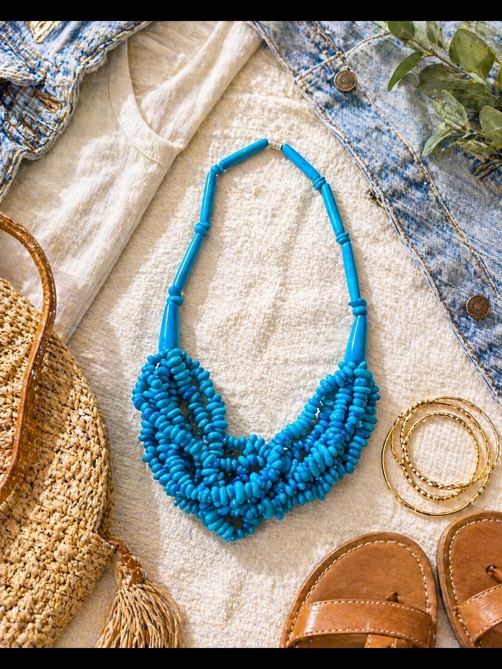 Turquoise Chunky Beaded Statement Necklace Boho